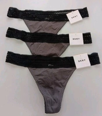Ropa interior tanga para mujer DKNY - gris/negro - pequeña - paquete de 3 (estilo DK5007) NUEVA CON ETIQUETAS AB8 Foto 1 de 4