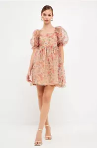 Endless Rose Floral Puff Multi Brown Baby Doll Mini Dress Size S - Picture 1 of 5