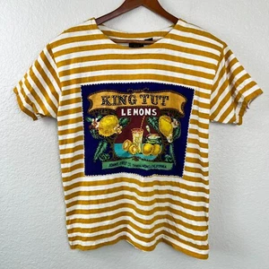 Vintage King Tut Lemons Santa Barbara Yellow Striped Beaded Retro T Shirt PM - Picture 1 of 9