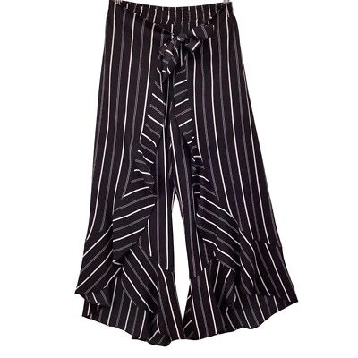 Aqua Wide Leg Pants Size Medium Striped Ruffle Palazzo Tie Waist Black Ruffled - Imagem 1 de 4