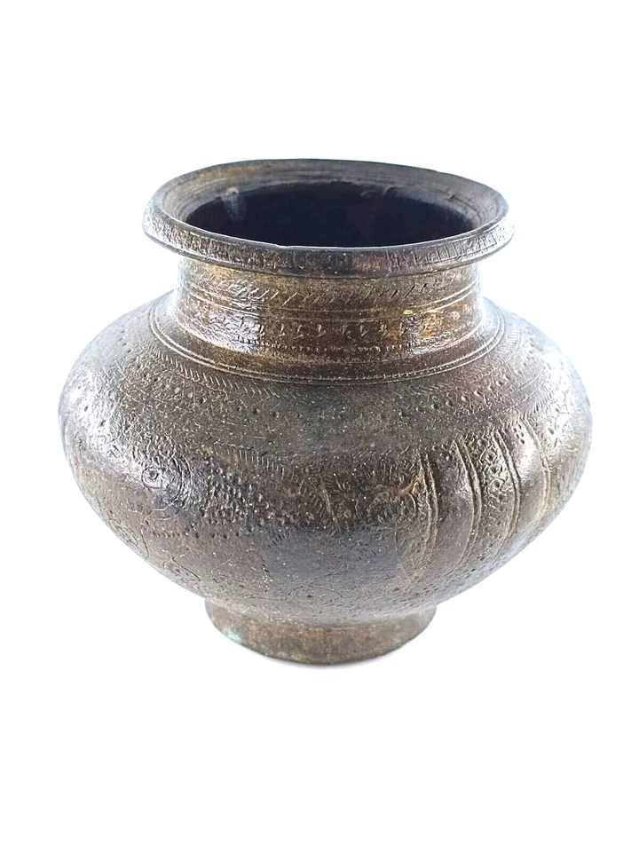 Vase pot ancien bronze Inde religieux sculpture antique style oriental rare - Photo 1/4