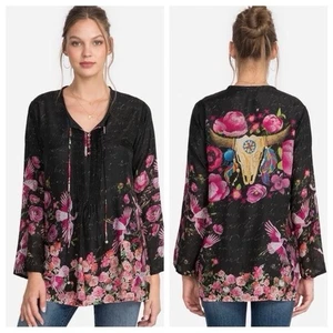 Johnny Was Nerissa 100% Silk Floral Longhorn Skull Tunic Blouse Sz M-L (approx) - Picture 1 of 13
