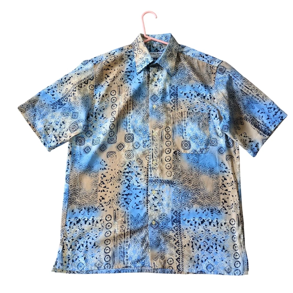 Camisa Vintage Georg Roth Para Hombre M Geométrica Tribal Azul Manga Corta Abotonada Foto 1 de 4