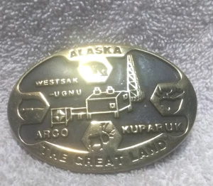 Anacortes Alaska The Great Land Buckle 1984 Arco Kuparuk Buckle Messing Great USA - Bild 1 von 11