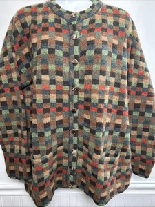 Maggie White England Button Up Sweater Cardigan Women's L Check 100% Soft Wool - Picture 1 of 9