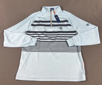Stitch Golf Pullover Explorer Tour Logo Issue 1/4 Zip Medium Blue Striped NWT - Image 1 of 4