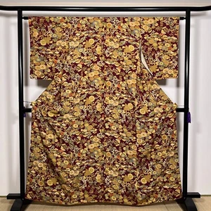 K60599-2 Japanese Kimono Silk Komon Dark red Flower - Picture 1 of 7