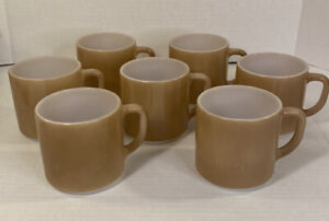 7 Vintage Federal Brown Glass D Handle Milk Glass Stackable Coffee Mugs Cups