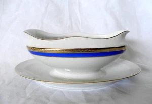 Richard Ginori PALERMO BLUE Gravy Boat With Attached Underplate ITALY Gold Trim - Picture 1 of 5