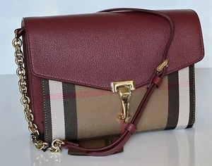 NWT Burberry Small Macken House Check Leather Cross Body Bag Crimson 8080159 - Picture 1 of 19