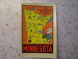 VINTAGE ORIGINAL MINNESOTA STATE KARTE 10.000 SEEN PAUL BUNYAN WASSER AUFKLEBER KUNST - Bild 1 von 5