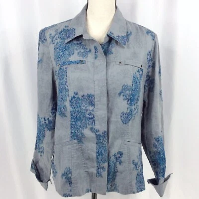 Chaqueta para mujer Coldwater Creek talla 12 floral 100 % lino azul gris Foto 1 de 4