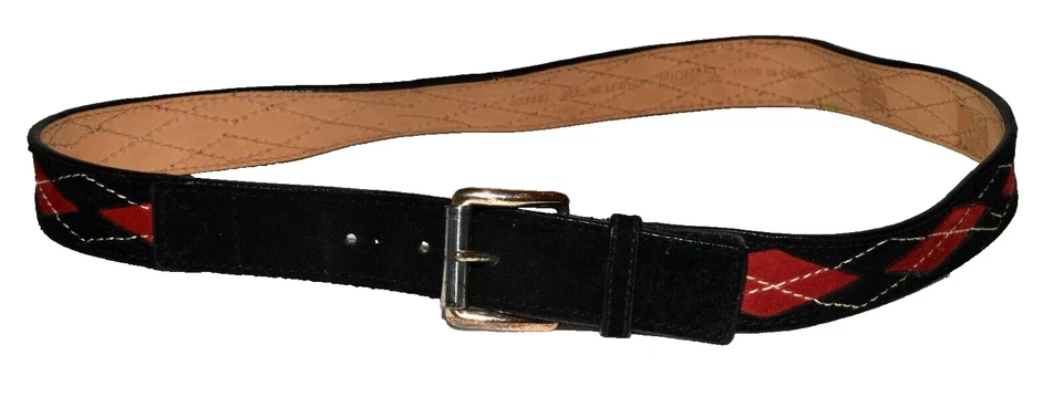 Michael Kors Black and Red Suede Leather Argyle Design Belt Size M Fits 33-35 - Image 1 of 4