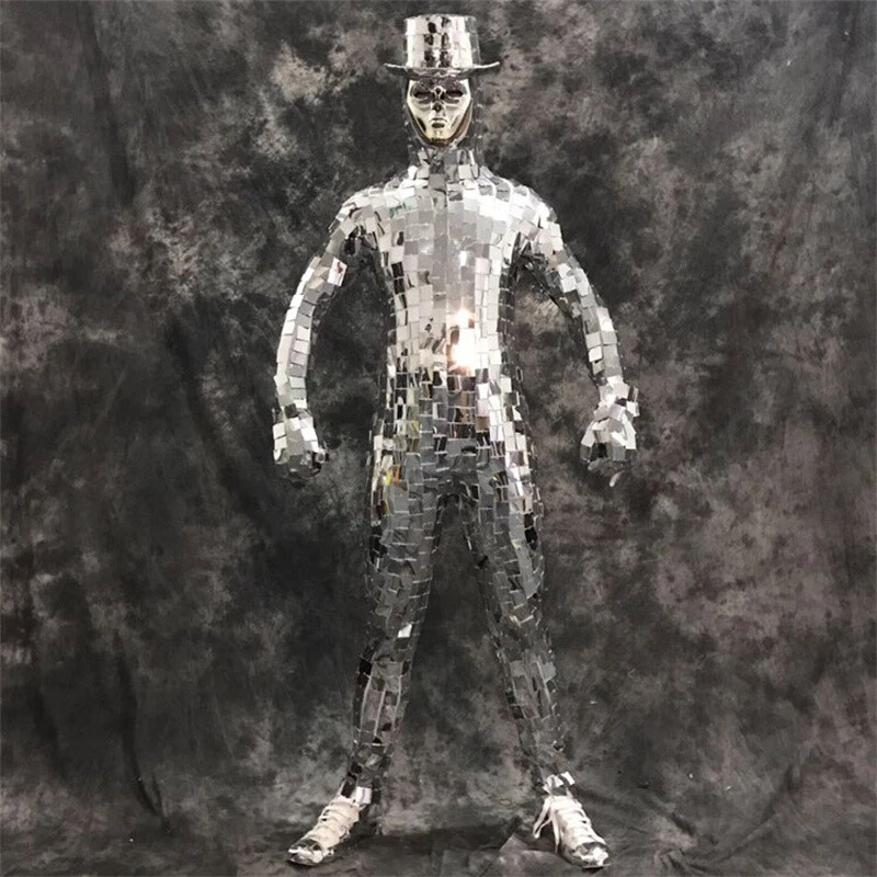 Espejo Ropa Traje Máscara Sombrero Plateado Mono Escenario Fiesta Disfraz Sin Zapatos Foto 1 de 1