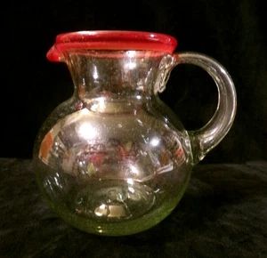 CLEAR, HEAVY, HANDBLOWN BUBBLE GLASS PITCHER w/PRETTY RED RIM & APPLIED HANDLE - Picture 1 of 10