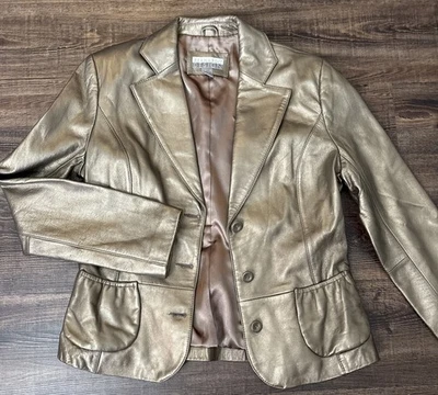 Chaqueta Blazer Años 90 Metálica de Cuero Dorado para Mujer Forrada en M Capas Glamour Foto 1 de 4
