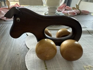 Vintage Kinder Massivholz & Leder Pferd Schiebespielzeug - Top Zustand! - Bild 1 von 7