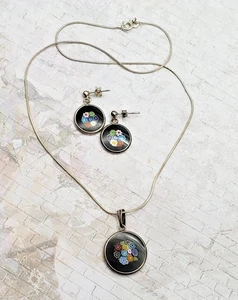 Italian Sterling Silver 925 Murano Millefiori Pendant Necklace & Earrings Set - Picture 1 of 6