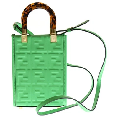 FENDI FF Sunshine Shopper 小号 2WAY 皮革手提包 单肩包 绿色 — 第 1/4 张图片