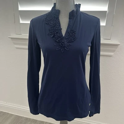 Lilly Pulitzer Luxletic Frida LS Flower Polo UPF Small Navy Women's Long Sleeve - Image 1 of 4