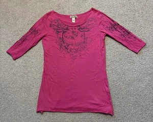 VTG Y2K Lucky Brand Scoop Neck T-Shirt Size M Floral Print Pink 3/4 Sleeve - Picture 1 of 8