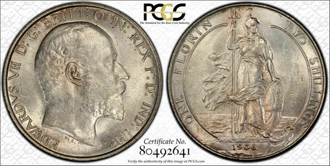 Great Britain, 1906 Edward VII Florin, PCGS MS - 62. 6,910,000 Mintage Cover