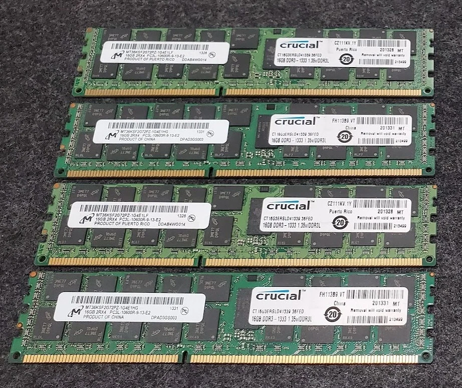 Crucial 16GB PC3-10600 DDR3-1333MHz QTY. 4 64GB - Image 1 of 1