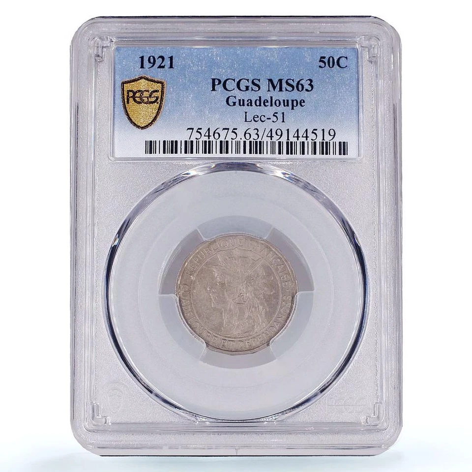 France Guadeloupe 50 centimes Colonial Coinage Arawak Man MS63 PCGS Ni coin 1921 - Image 1 of 4