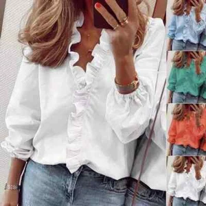 Women's Vintage Ruffle Blouse – Long Sleeve, V-Neck, Elegant Cotton Shirt, Offic - Picture 1 of 14