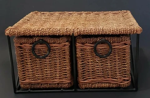 Sturdy Metal Framed Woven Rattan Storage Drawers Organizer 6.5" X 12.25 X 9.25" Cover