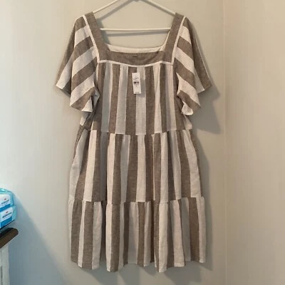 NWT Loft Outlet Women’s Midi Dress Sz XL Sguare Neck Stripes White Gray $ 84.99 - Image 1 of 4