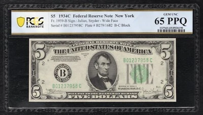 FR. 1959-B 1934-C $5 FRN NEW YORK, NY PCGS BANKNOTE GEM UNCIRCULATED-65PPQ - Image 1 of 2