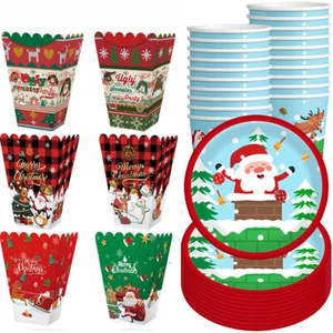 Disposable Christmas Paper Cup and Plate Set Christmas Popcorn Boxes Xmas Party - Picture 1 of 17