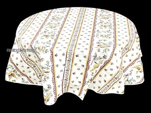 French Provencal Coated Cotton Tablecloth Moustiers Birds/Flowers Pink Round 59" - Picture 1 of 8