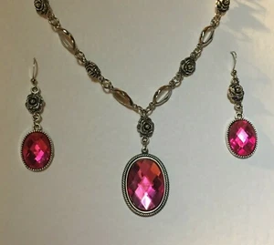JUEGO DE PENDIENTES DE COLLAR ROSA VICTORIANO ST CALIENTE CRISTAL ACRÍLICO PLATEADO RS - Imagen 1 de 6