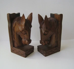 CARVED WOOD HORSE HEAD BOOKENDS 10 1/4" H x 3 3/4" W x 5" L  VERY NICE - Picture 1 of 11