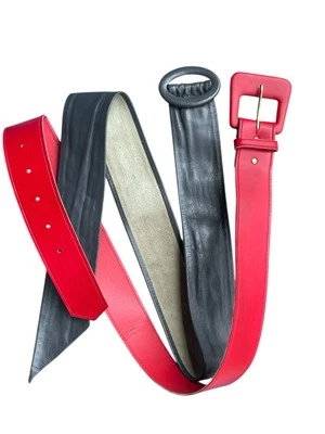 "Lote De Colección 2 Cinturones Para Mujer 33.5"" Cuero Rojo Retro Gris Años 80 90 Envoltura" Foto 1 de 4