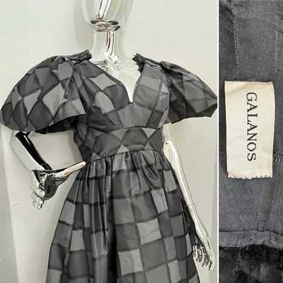 Vestido de Cóctel GALANOS De Colección Gris Estructurado Negro Años 80 COUTURE Mangas Hinchadas Pequeño Foto 1 de 4