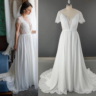 Elegant A-Line Wedding Dresses V-Neck Cap Sleeves Lace Appliques Bridal Gowns - Image 1 of 4
