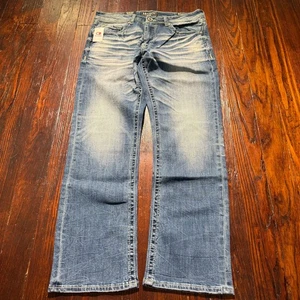 Pantalones de mezclilla Salvage Supply Co para hombre 34x32 azul caos bota elásticos descoloridos bigotes nuevos con etiquetas - Imagen 1 de 21