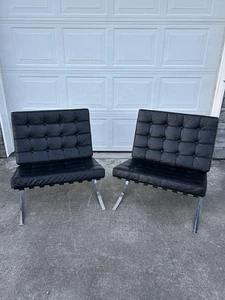 Set Of Two MCM Barcelona Alivar Black Leather Mies Van Der Rohe Lounge Chairs - Picture 1 of 23