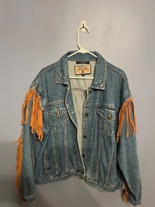 Vintage 90er Damen Forelli Jeans Leder Fransen Western Jeans Jacke Gr. 18/20 - Bild 1 von 15
