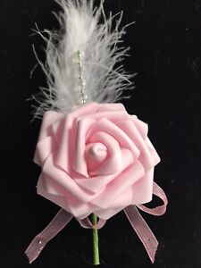 Baby Pink Rose Button Hole With Feather Sparkly Beads And Pink Wedding