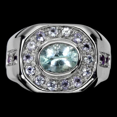 Anello In Argento Sterling 925 Con Gemma Acquamarina Ametista Tanzanite 8.5 - Immagine 1 di 4