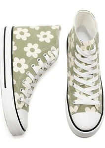 Womens High Top Canvas Sneakers Lace Up Green W/ Flowers Casual Shoes Sz 8 NEW - Picture 1 of 12