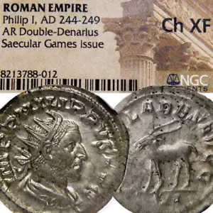 PHILIP I Antelope Saecular Games Issue NGC Choice XF Double Denarius Silver Coin - Picture 1 of 10