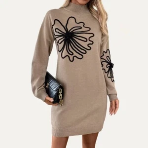 Cute Khaki Flower Mock Neck Long Sleeve Knit Dress - Picture 1 of 9