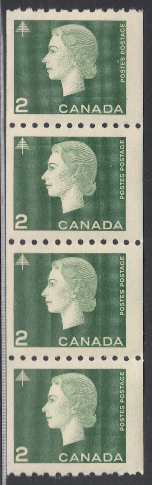 Canada: #406 2c Green Cameo QEII Coil Strip of 4, Fine/Very Fine (F/VF) NH CV$21 - Image 1 of 1