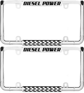 Diesel Engine License Plate Frame Pair Power Chrome/Black Car/Truck 2 Tag Holder - Picture 1 of 8