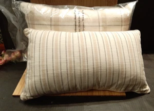 Pair THRESHOLD PLAID STRIPE Reversible THROW PILLOWS Farmhouse Beige Gray - Picture 1 of 15